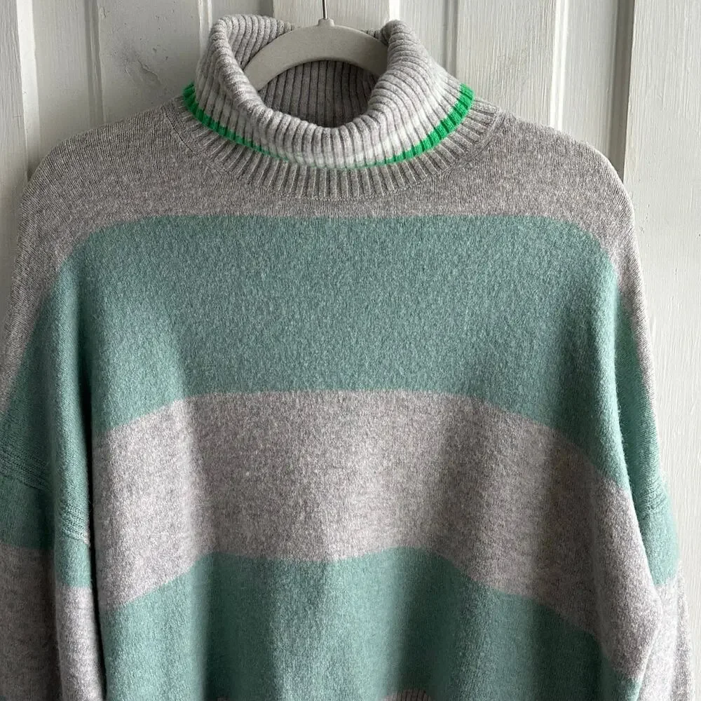 J. Crew Striped Turtleneck Sweater Gray & Mint Green Wool Alpaca